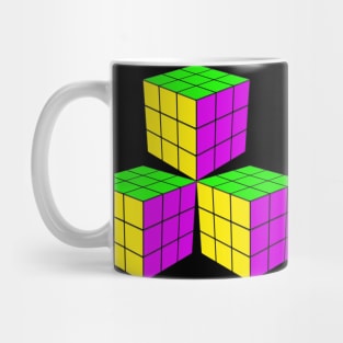 Three Rubik Cubes in a Triangle - Yellow, Green and Pink Mug